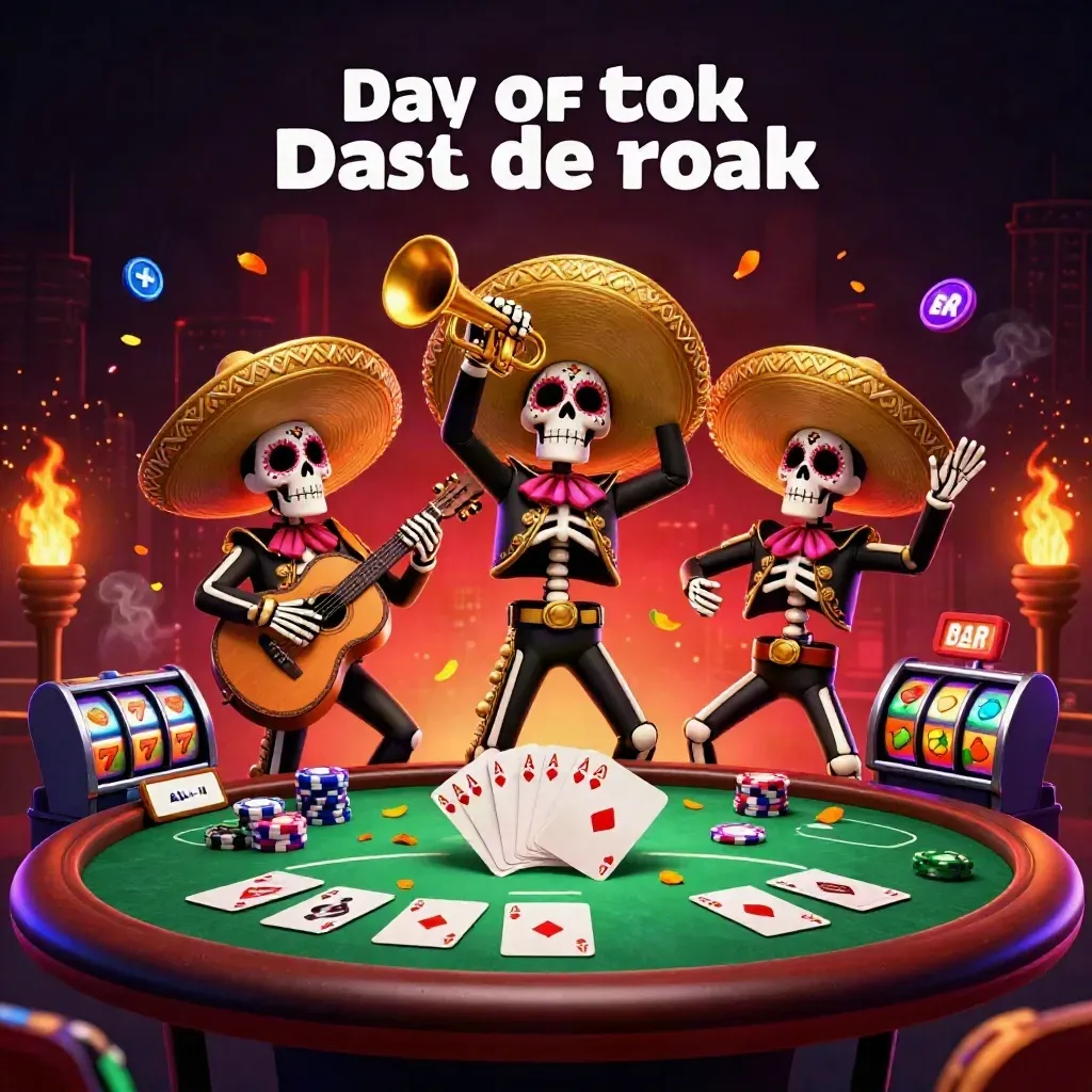 Tiga skeleton mariachi Day of the Dead dikelilingi meja poker, chip, slot, dan cahaya neon emas.