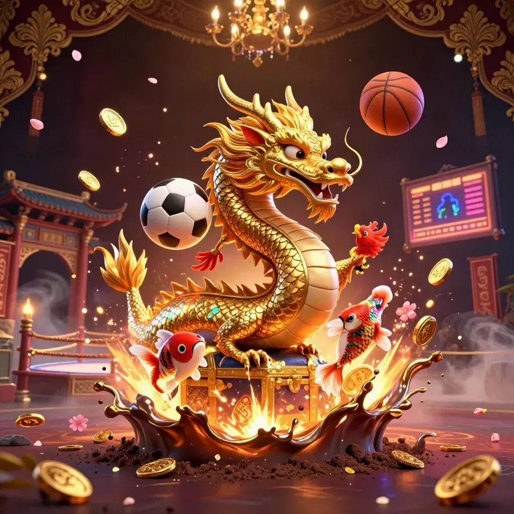 Naga emas 3D, phoenix, koi, bola sepak dan basket, emas dan cahaya neon di arena malam.