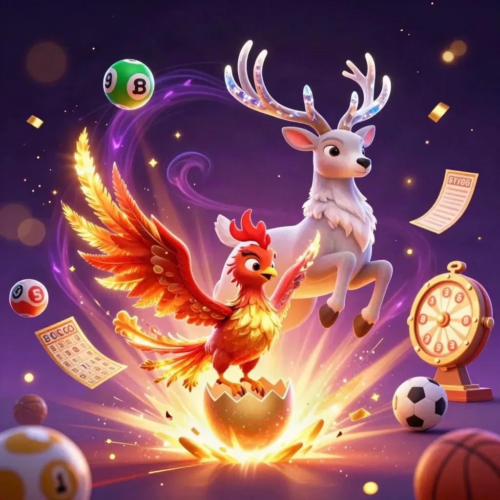 Phoenix emas, rusa kristal, roda hadiah, dan bola lotre meledak di latar ungu neon.