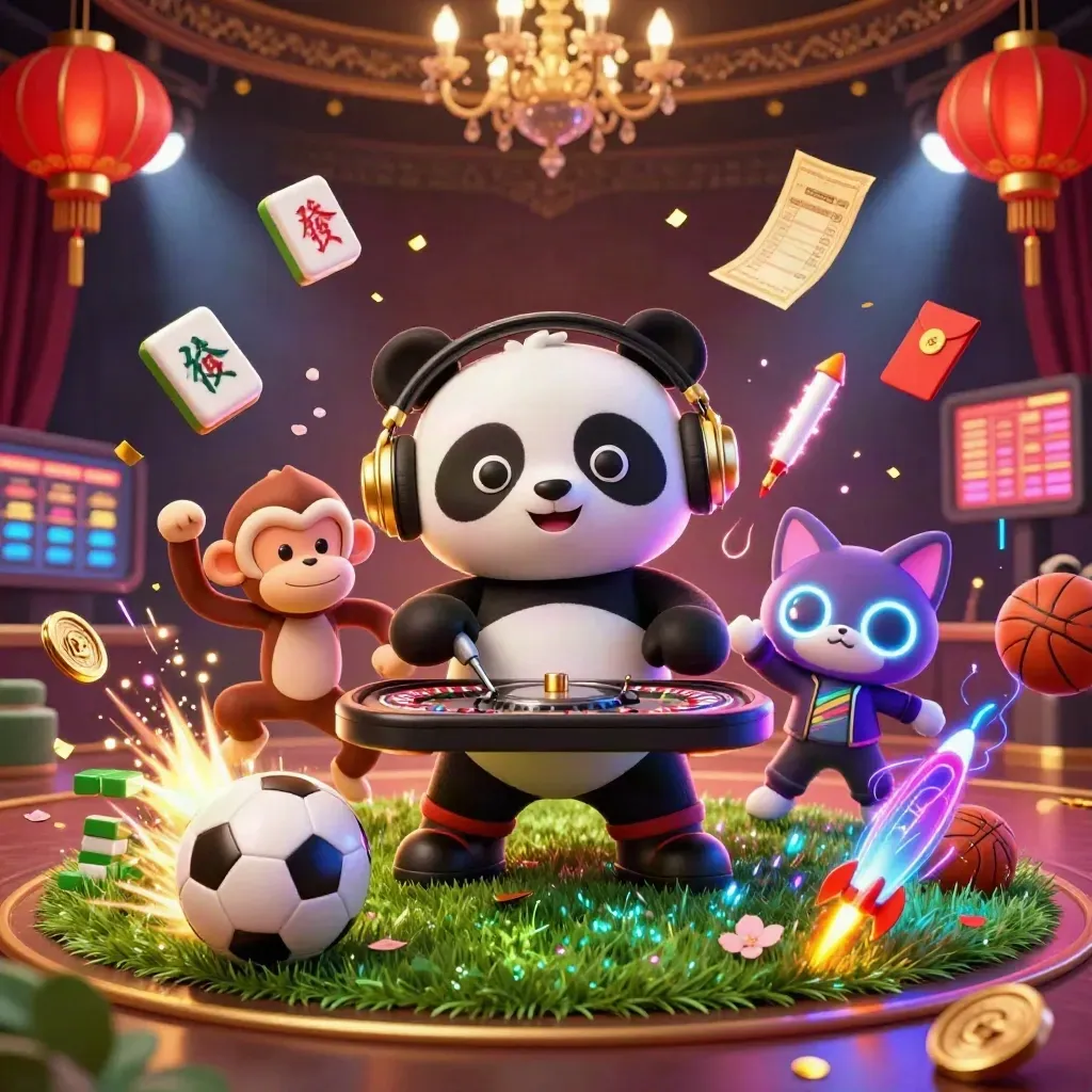 Panda DJ, monyet, dan kucing rave di antara bola, neon emas, dan efek jackpot.