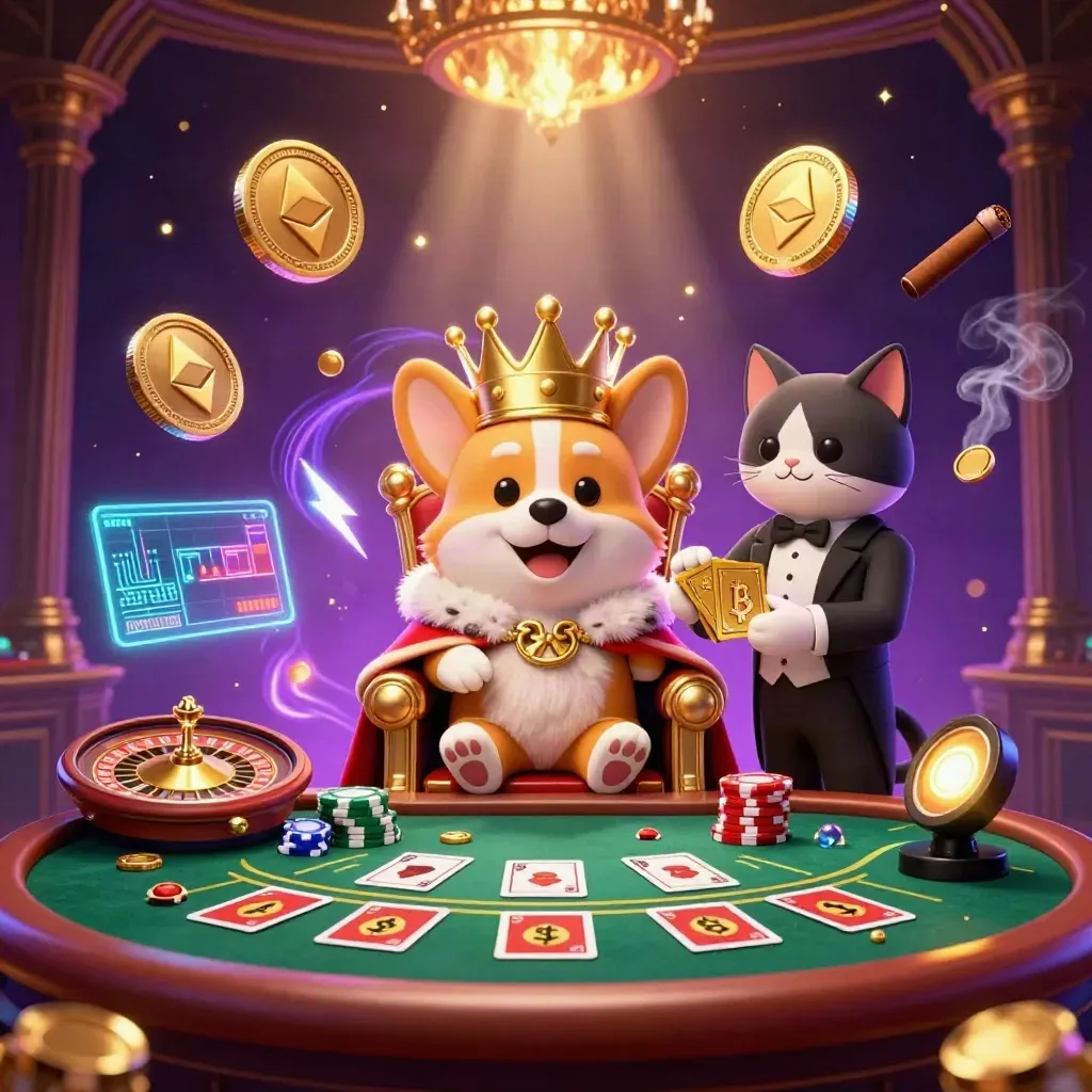Korgi mahkota emas dan butler kucing di kasino neon, dikelilingi koin kripto dan cahaya dramatis.