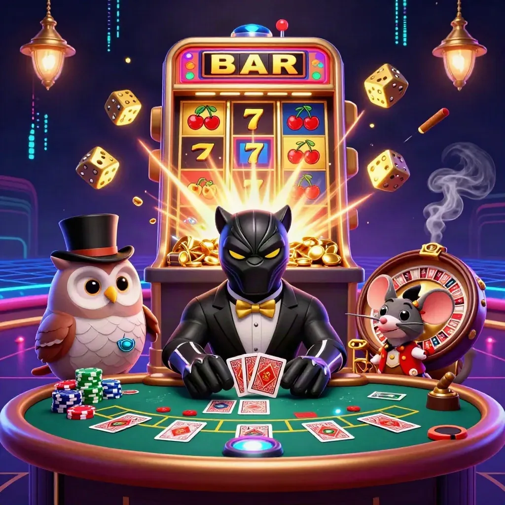 Panther, burung hantu, dan tikus di ruang kasino neon mewah dengan slot dan emas