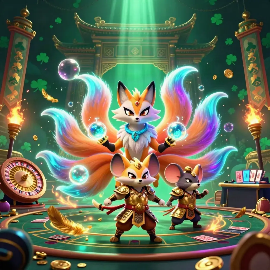 Rubah berekor sembilan dan tikus samurai emas di kuil neon, dengan roda roulette dan kartu baccarat