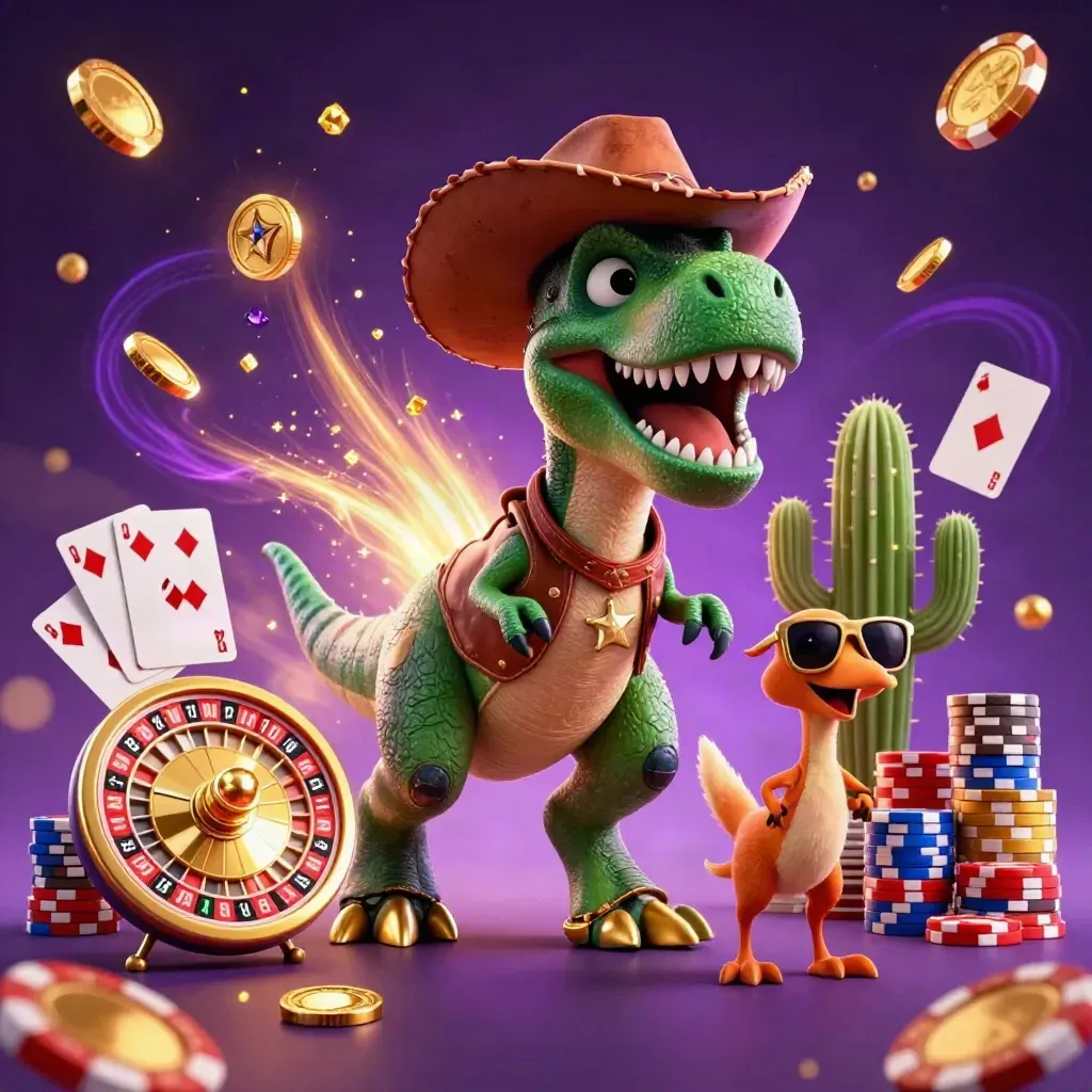 T-Rex koboi, kaktus berkacamata, dan burung roadrunner dikelilingi koin emas dan permata neon.