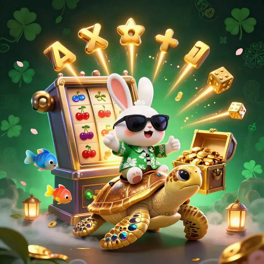 Kelinci keberuntungan 3D menunggang kura-kura emas, ledakan jackpot dan emas neon.