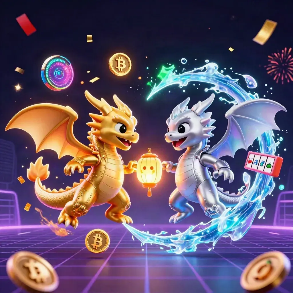 Dua naga emas dan perak terbang membentuk yin-yang, dikelilingi koin kripto dan kilau neon.