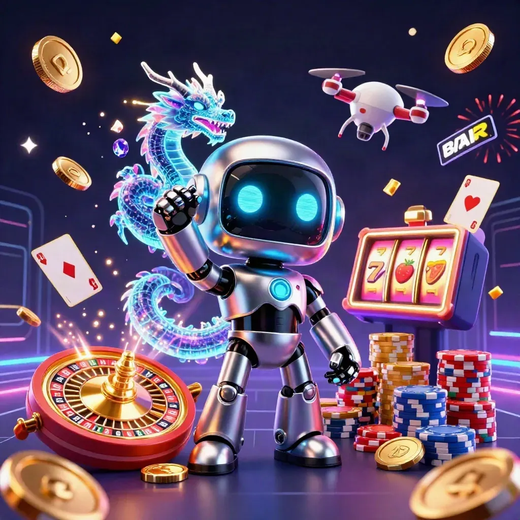 Robot cyberpunk, naga holografik, dan koin emas meledak di latar kasino neon.