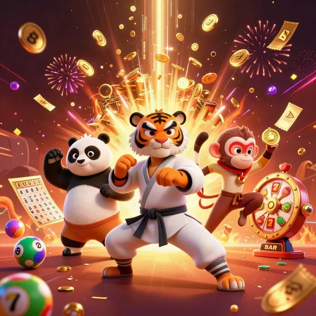 Tiger kung-fu, panda, dan monyet di tengah ledakan koin emas dan roda hadiah.