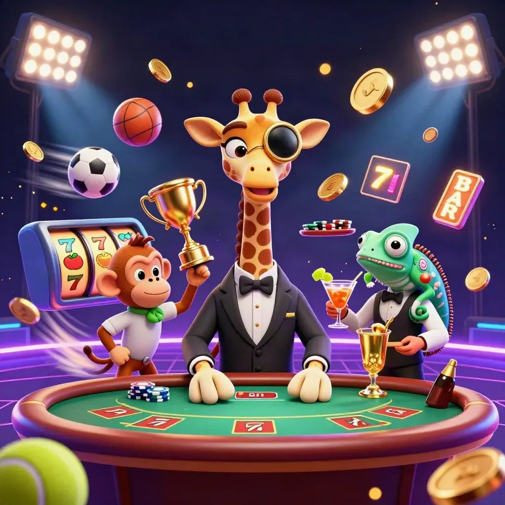Jerapah, monyet, dan bunglon glamor di meja poker, emas, bola, trofi, dan kilau neon kasino.