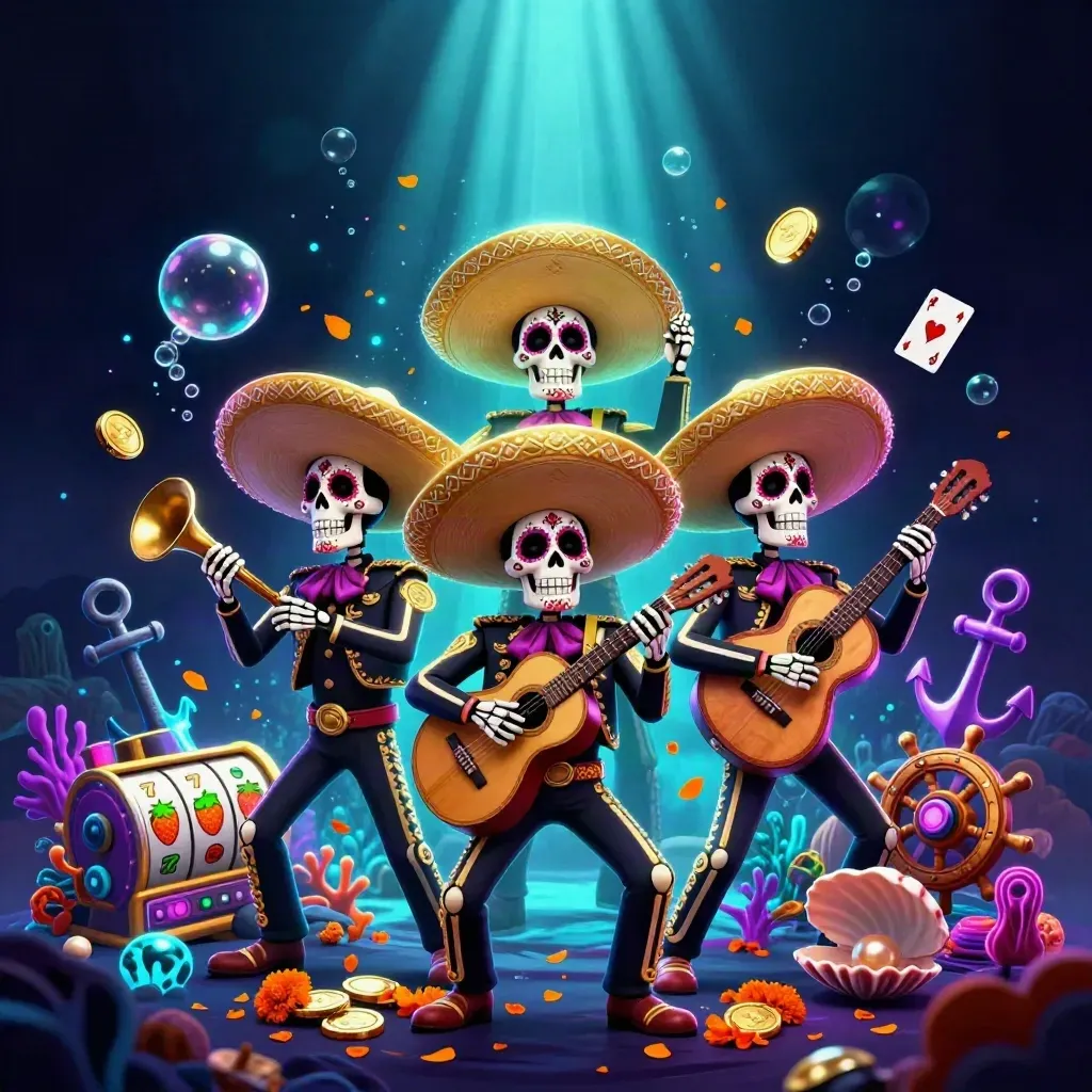 Tiga kerangka mariachi di cove harta karun laut dengan koin, karang neon, dan efek cahaya.