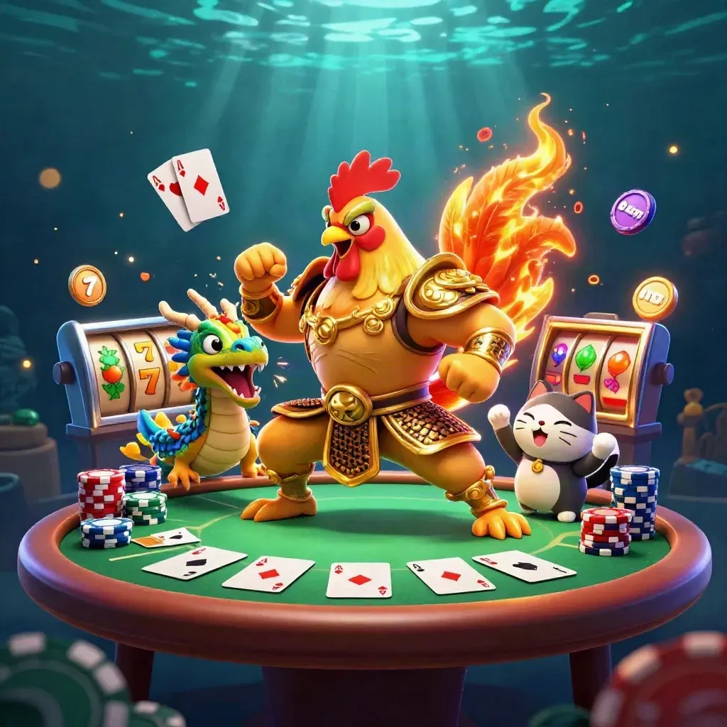 Ayam samurai emas, naga kecil, dan kucing keberuntungan di kasino neon.
