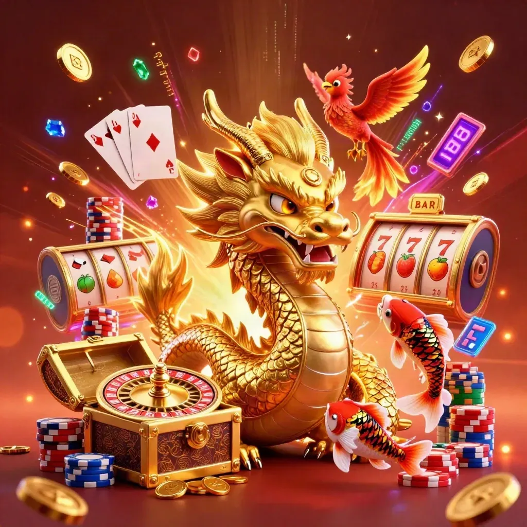 Naga emas kartun mengelilingi peti harta, dengan phoenix merah bayi, koi, koin, dan roda roulette.