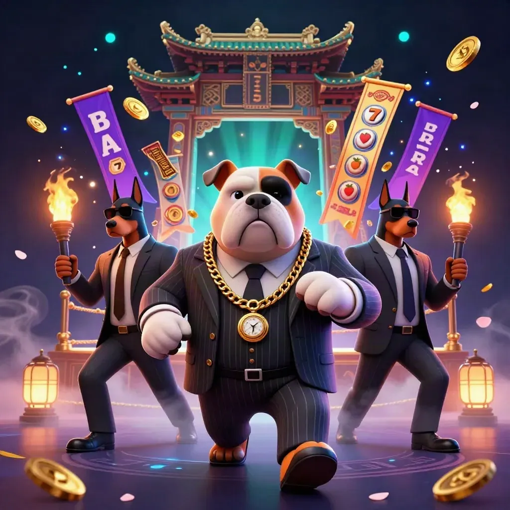 Bulldog bos mafia dan dua doberman di latar kasino neon dengan koin dan gerbang kuil
